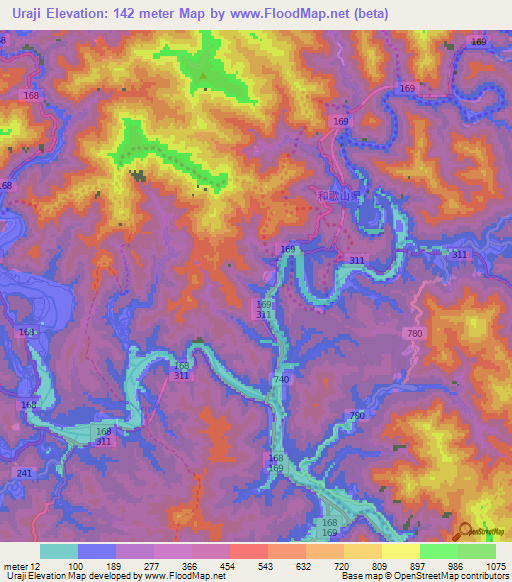 Uraji,Japan Elevation Map