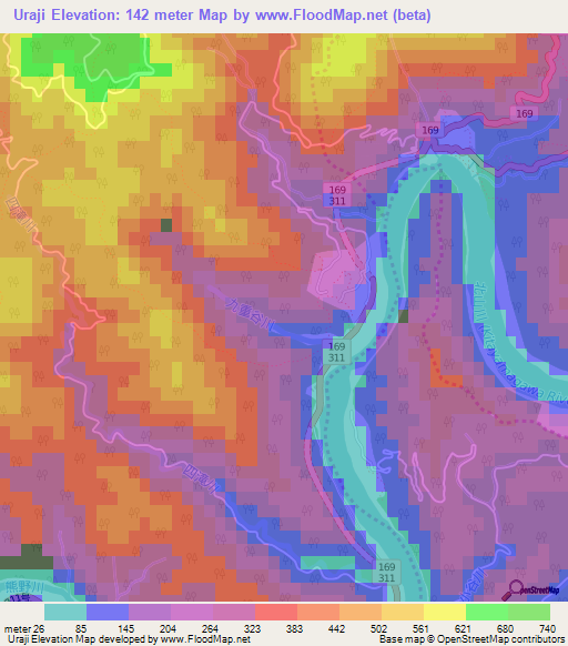 Uraji,Japan Elevation Map