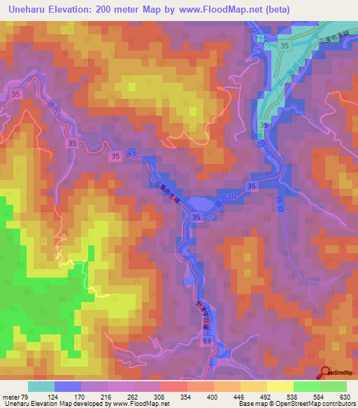 Uneharu,Japan Elevation Map