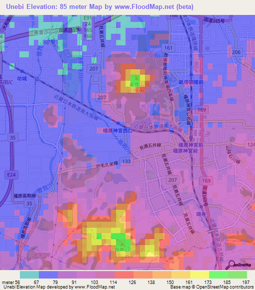 Unebi,Japan Elevation Map