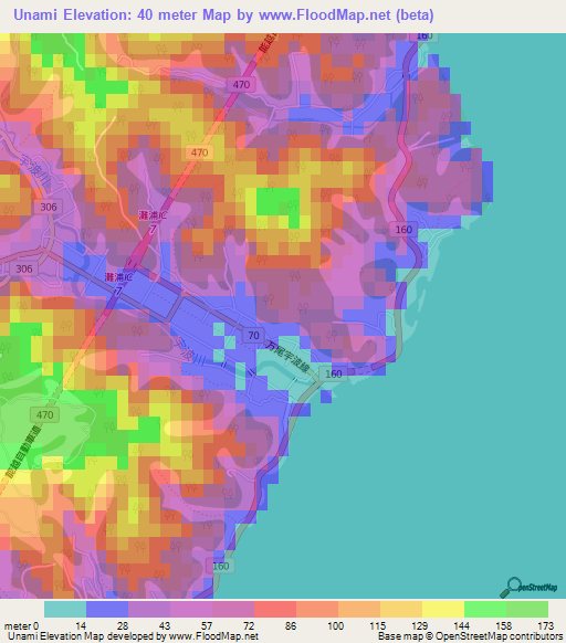 Unami,Japan Elevation Map