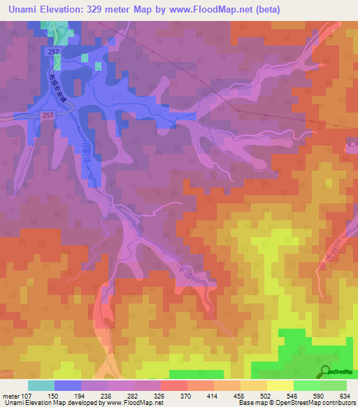 Unami,Japan Elevation Map