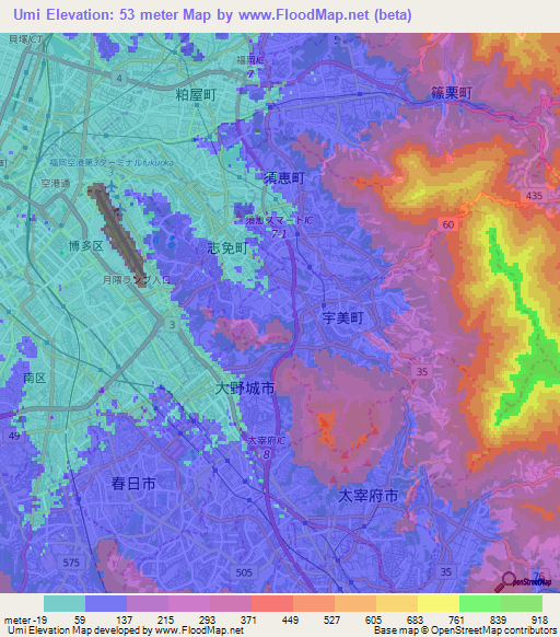 Umi,Japan Elevation Map
