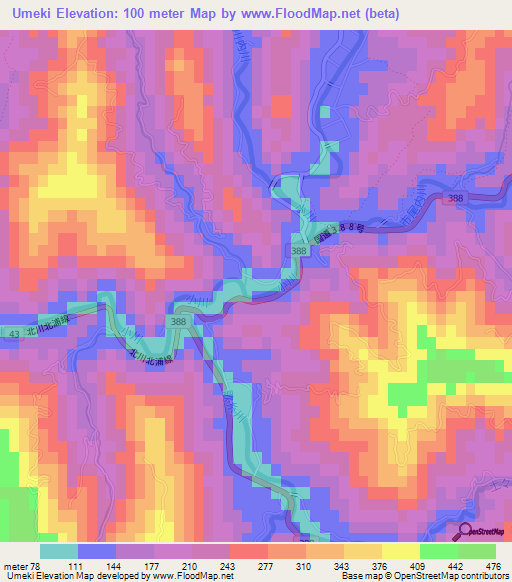 Umeki,Japan Elevation Map