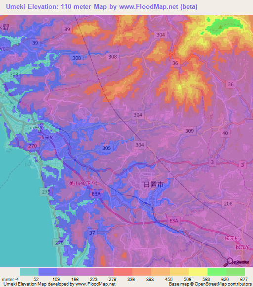 Umeki,Japan Elevation Map