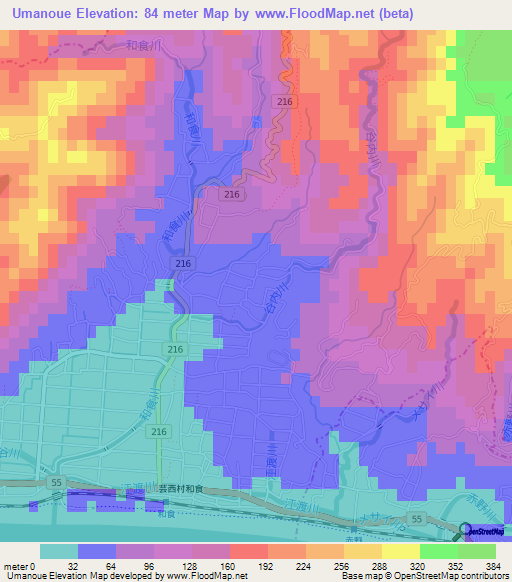 Umanoue,Japan Elevation Map