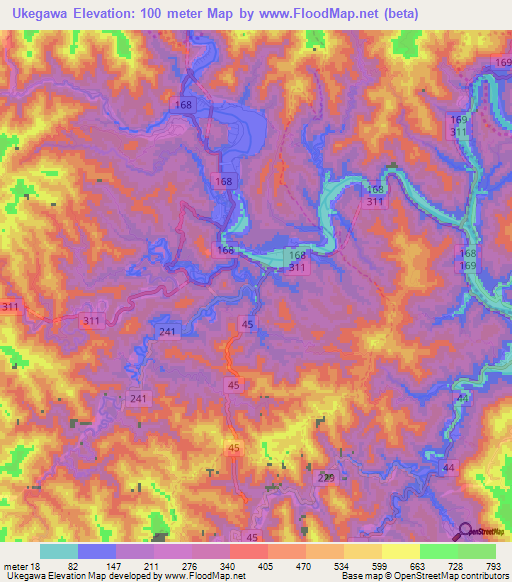 Ukegawa,Japan Elevation Map