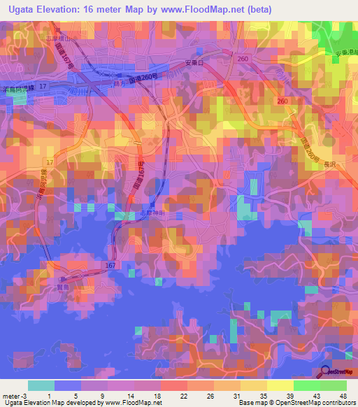 Ugata,Japan Elevation Map