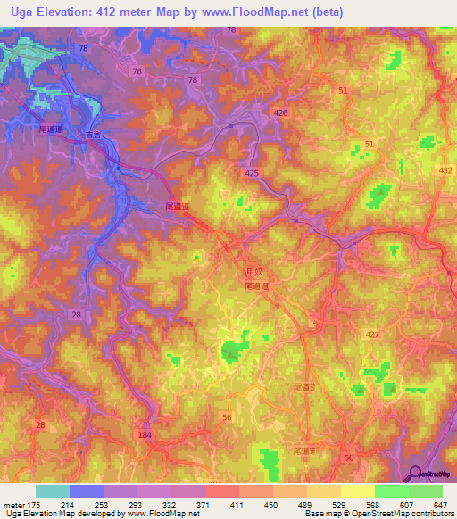 Uga,Japan Elevation Map