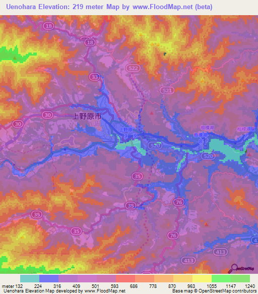Uenohara,Japan Elevation Map