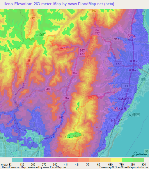 Ueno,Japan Elevation Map