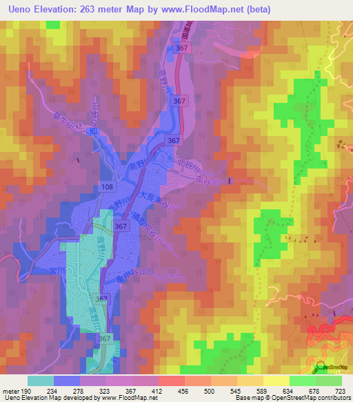 Ueno,Japan Elevation Map