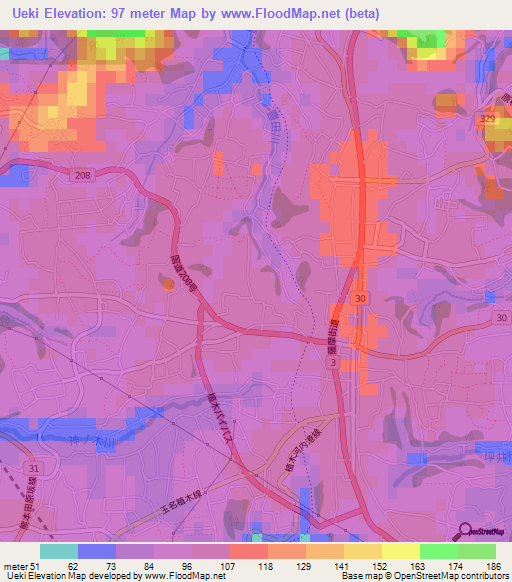 Ueki,Japan Elevation Map