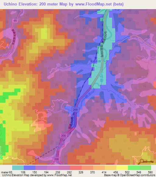 Uchino,Japan Elevation Map