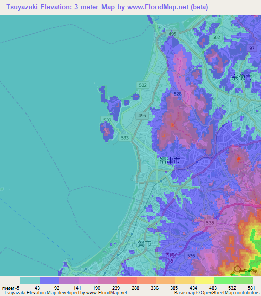 Tsuyazaki,Japan Elevation Map