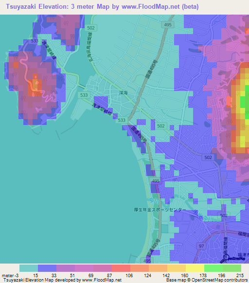 Tsuyazaki,Japan Elevation Map