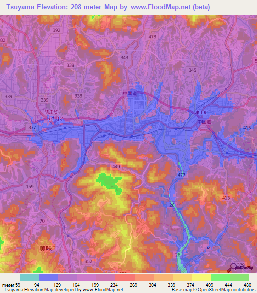 Tsuyama,Japan Elevation Map
