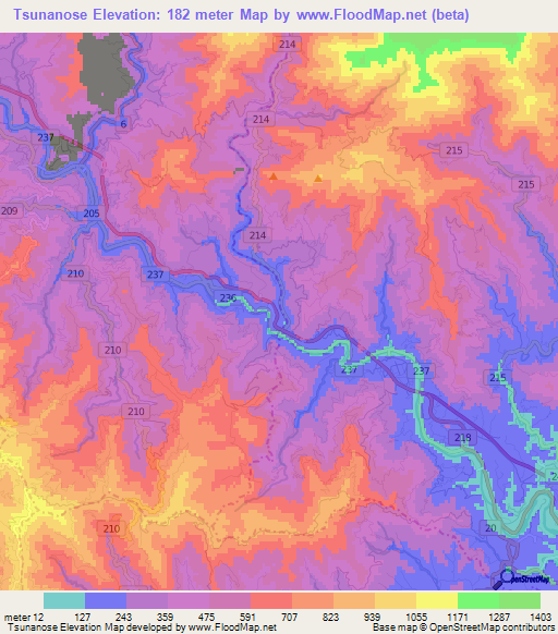 Tsunanose,Japan Elevation Map