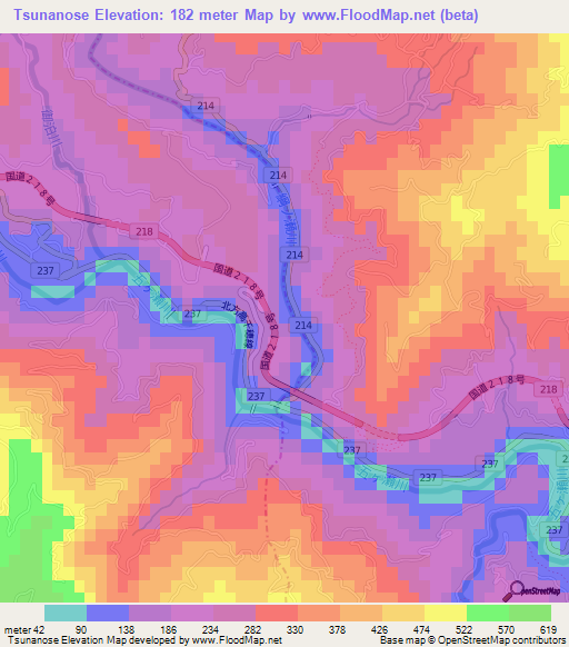 Tsunanose,Japan Elevation Map