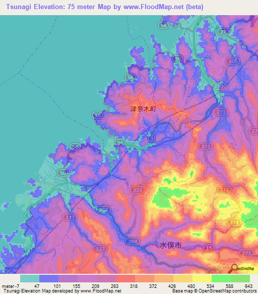 Tsunagi,Japan Elevation Map