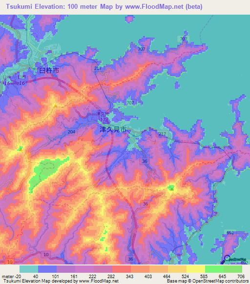 Tsukumi,Japan Elevation Map