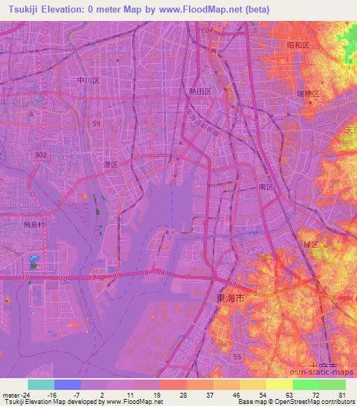 Tsukiji,Japan Elevation Map