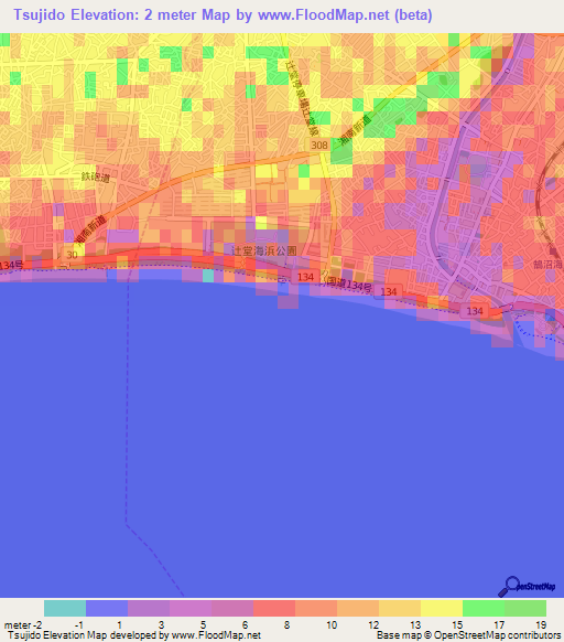 Tsujido,Japan Elevation Map