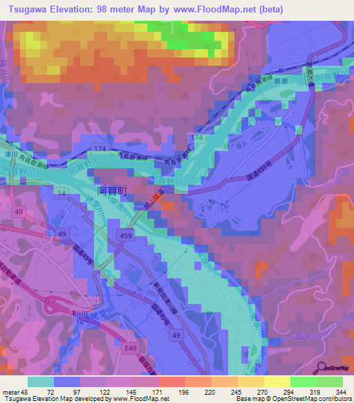 Tsugawa,Japan Elevation Map