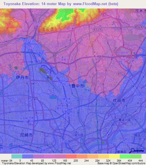 Toyonaka,Japan Elevation Map