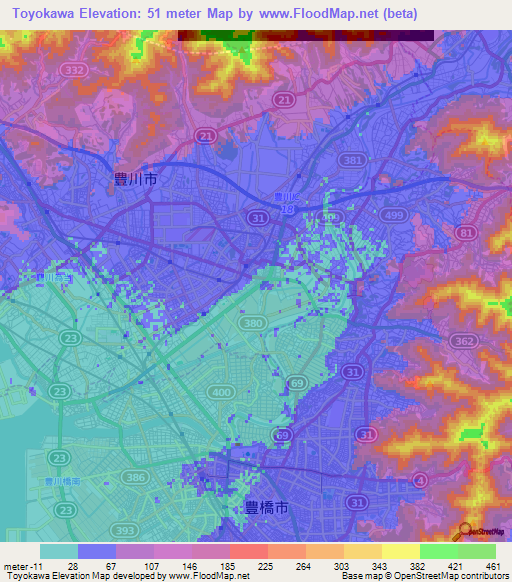 Toyokawa,Japan Elevation Map