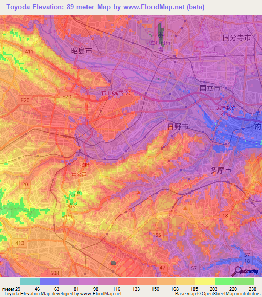Toyoda,Japan Elevation Map