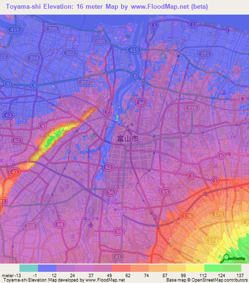 Toyama-shi,Japan Elevation Map