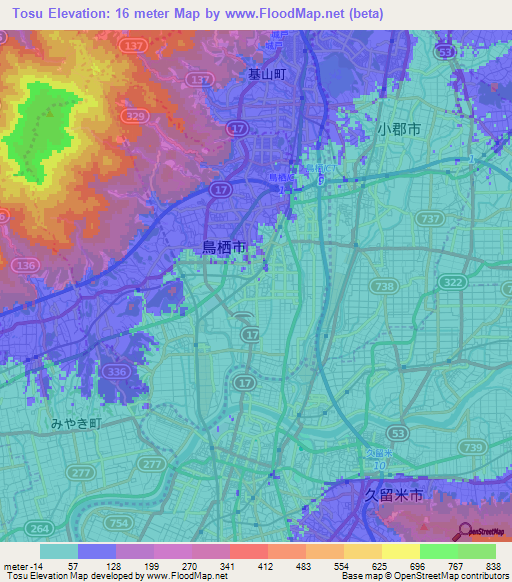 Tosu,Japan Elevation Map