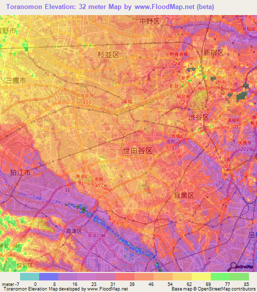 Toranomon,Japan Elevation Map