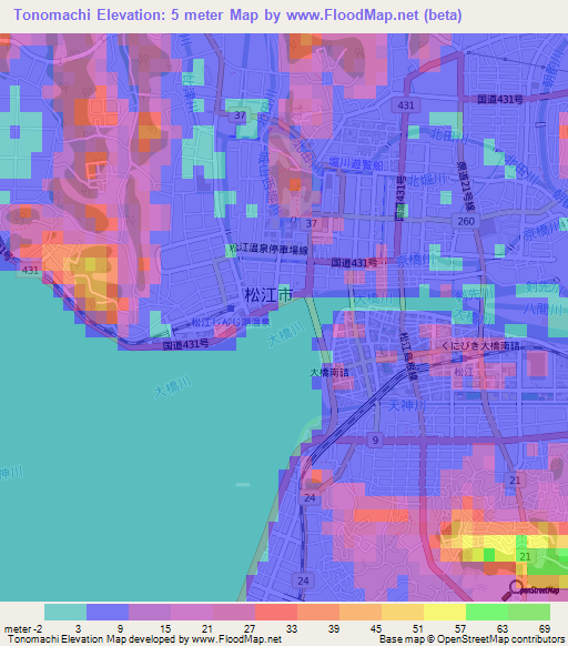 Tonomachi,Japan Elevation Map