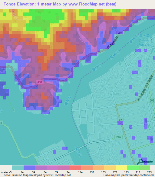 Tonoe,Japan Elevation Map