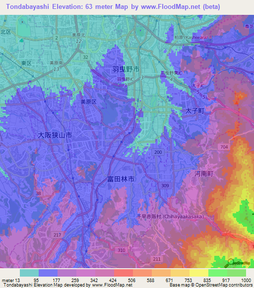 Tondabayashi,Japan Elevation Map
