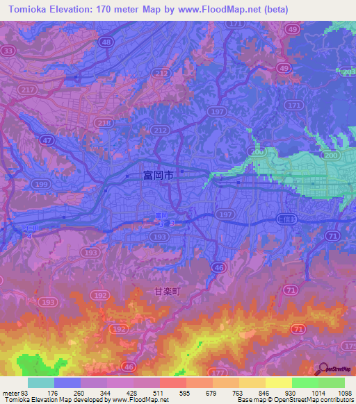 Tomioka,Japan Elevation Map