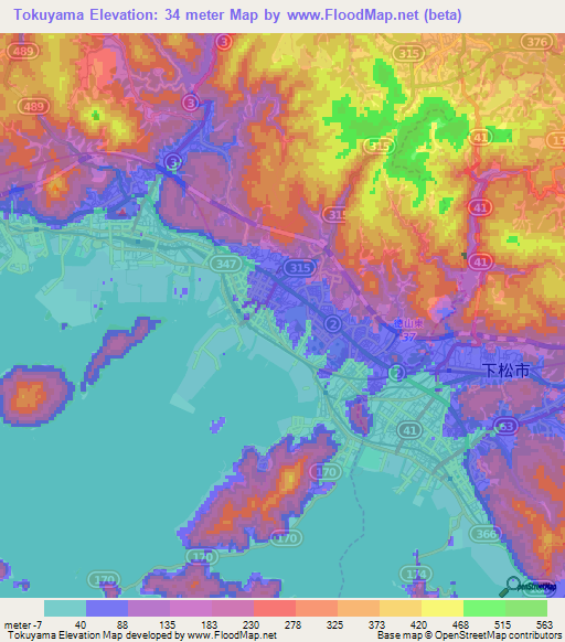 Tokuyama,Japan Elevation Map