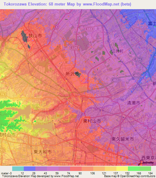 Tokorozawa,Japan Elevation Map