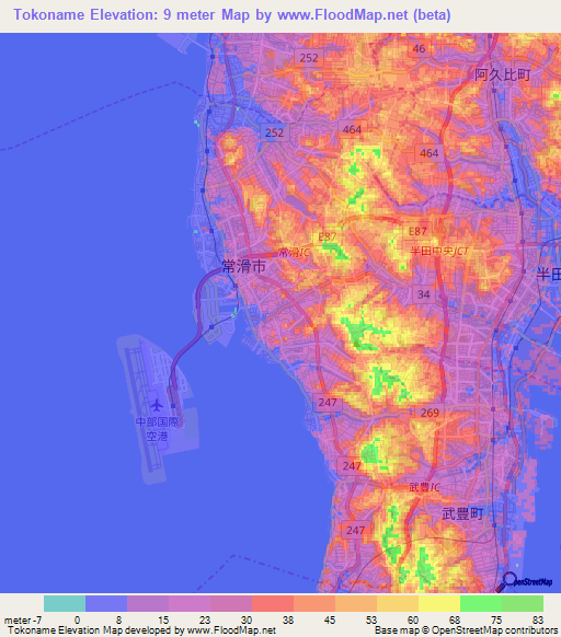 Tokoname,Japan Elevation Map