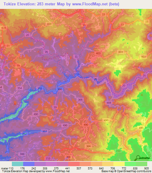 Tokize,Japan Elevation Map