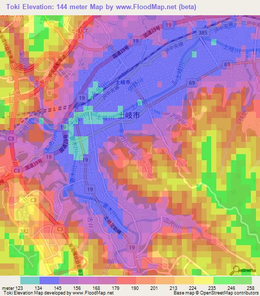 Toki,Japan Elevation Map