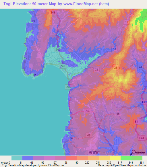 Togi,Japan Elevation Map
