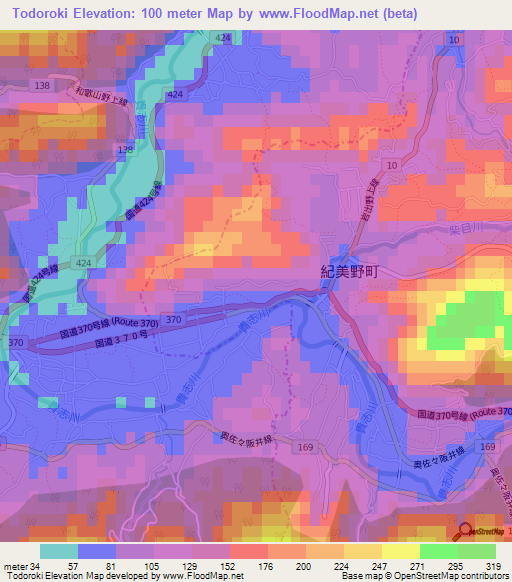 Todoroki,Japan Elevation Map