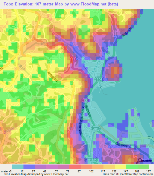 Tobo,Japan Elevation Map