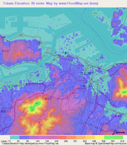 Tobata,Japan Elevation Map