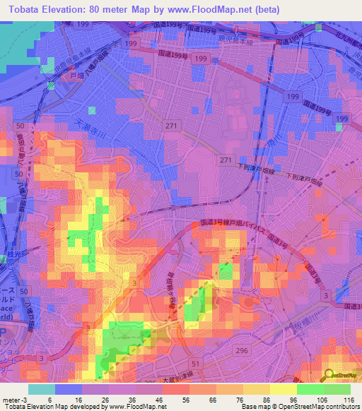 Tobata,Japan Elevation Map