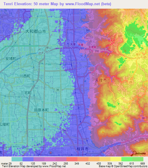Tenri,Japan Elevation Map