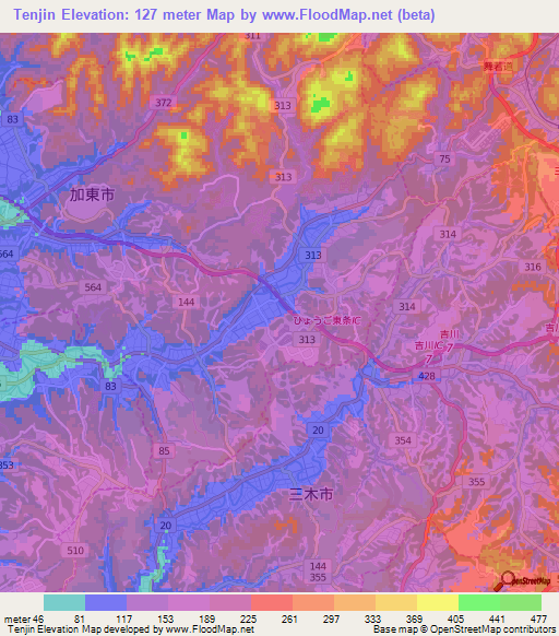 Tenjin,Japan Elevation Map